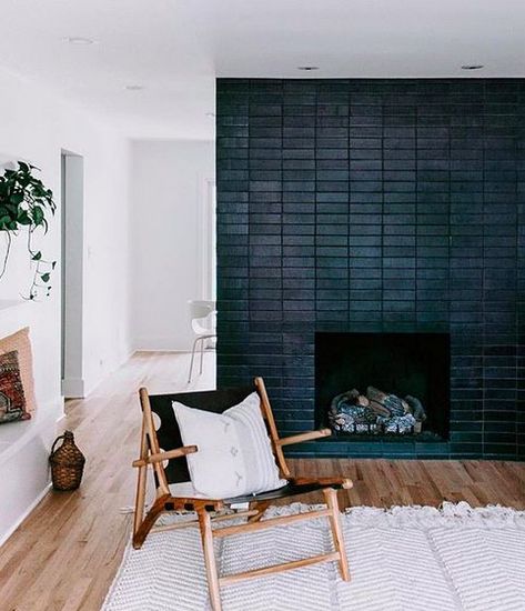 Black Brick Fireplace, Wooden Fireplace, Black Fireplace, Fireclay Tile, Rustic Fireplaces, Black Brick, Fireplace Ideas, Home Fireplace, Fireplace Makeover