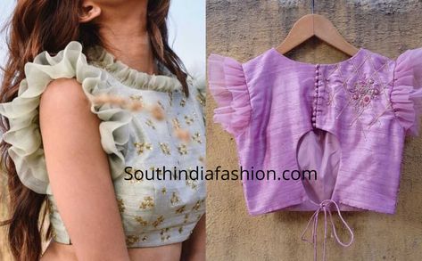 TRENDING HOT: Blouse Designs With Frills & Pleats! – South India Fashion Blouse Designs With Frills, Frill Sleeves Design, Hot Blouse Designs, Fantasy Blouse, Short Sleeve Blouse Design, Best Blouse Designs, Backless Blouse Designs, New Saree Blouse Designs, Latest Model Blouse Designs