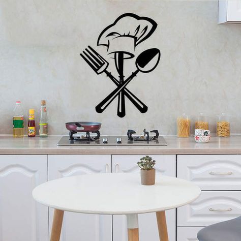 Online Shop Creative Cutlery knife fork chef hat Wall Sticker for Kitchen restaurant decoration Mural Decals wallpaper home decor stickers | Aliexpress Mobile Bistro Ideas, Decals Wallpaper, Switch Board, Cafe Wall Art, Hat Wall, Cheap Wall Stickers, Kitchen Stickers, Restaurant Decoration, Kitchen Wall Stickers