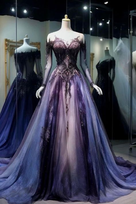 Fantasy Gowns Purple, Purple Gothic Wedding Dress, Dark Purple Wedding Gown, Night Court Gown, Dream Dress Fantasy, Unique Colored Wedding Dresses, Dark Fantasy Gown, Dark Purple Ball Gown, Night Court Fashion