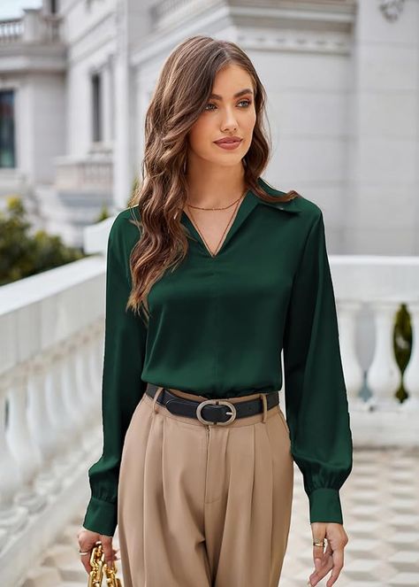 Satin Silk Tops for Women Business Casual Shirts Long Sleeve Office Blouses Slim Fit Apricot XL at Amazon Women’s Clothing store Satin Silk Top, Silk Tops For Women, Choker Necklace Wedding, Pearl Necklace And Earring Set, Dark Green Blouse, Bracelets Pearl, Drop Earrings Pearl, Gold Jewelry Set, Silk Tops