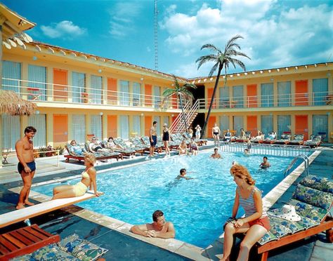 Palm Springs meets the Jersey Shore, Circa 1962. Vintage Motel Room, Dive Motel, Vintage Pool Parties, Motel Pool, Motel Ideas, Motel Design, Avalon New Jersey, Retro Pool, Vintage Swimming