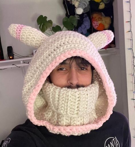 Bunny Ear Balaclava Crochet, Crochet Animal Ear Hats, Haku Crochet Pattern Free, How To Crochet Things Together, Crochet Ideas To Sell Projects, Crochet Ideas For Chunky Yarn, Recycled Crochet Projects, Big Twist Rave Yarn Patterns, Bunny Ear Balaclava Crochet Pattern