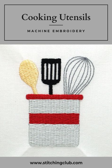 Cooking Utensils in a cup Machine Embroidery design. Great on kitchen aprons and towels. #machineembroidery #embroiderydesigns #kitchenembroidery #cookingembroidery Cooking Embroidery Designs, Kitchen Apron Embroidery, Apron Embroidery Ideas, Cooking Embroidery, Apron Embroidery, Embroidery Kitchen Towels, Kitchen Embroidery Designs, Kitchen Pattern, Embroidery Kitchen