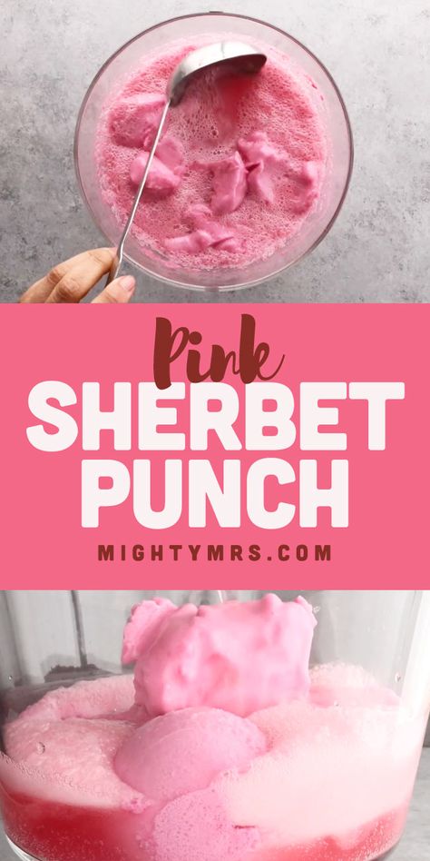 Pink Punch with Sherbet - This pretty pink punch is perfect for a baby shower or birthday party. This pretty pink punch is easy to make. Just 2 ingredients are needed for this recipe— raspberry sherbet and raspberry ginger ale. The combination naturally creates the frothy top! For adults, add alcohol—try whipped Vodka. Add a few splashes of pineapple juice if you want a more complex flavor. You can also substitute ginger ale with Sprite. Yum! #pinkpunch #babyshower #punch #birthdayparty Punch With Sherbet, Sherbet Punch Recipes, Baby Shower Punch Recipes, Sherbet Punch, Whipped Vodka, Baby Shower Punch, Raspberry Sherbet, Party Punch Recipes, Punch Drinks