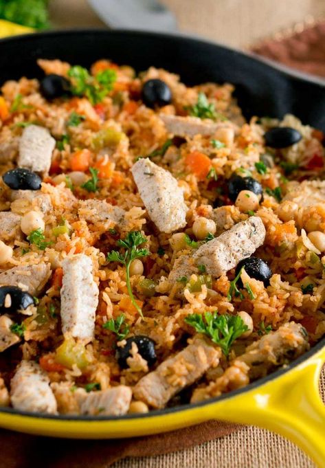 One Skillet Mediterranean Pork and Rice | Delicious Meets Healthy Pork And Rice, One Pan Meal, One Skillet, Pork Tenderloin Recipes, Mediterranean Diet Recipes, Pork Dishes, One Pan, Sausage Recipes, Good Healthy Recipes