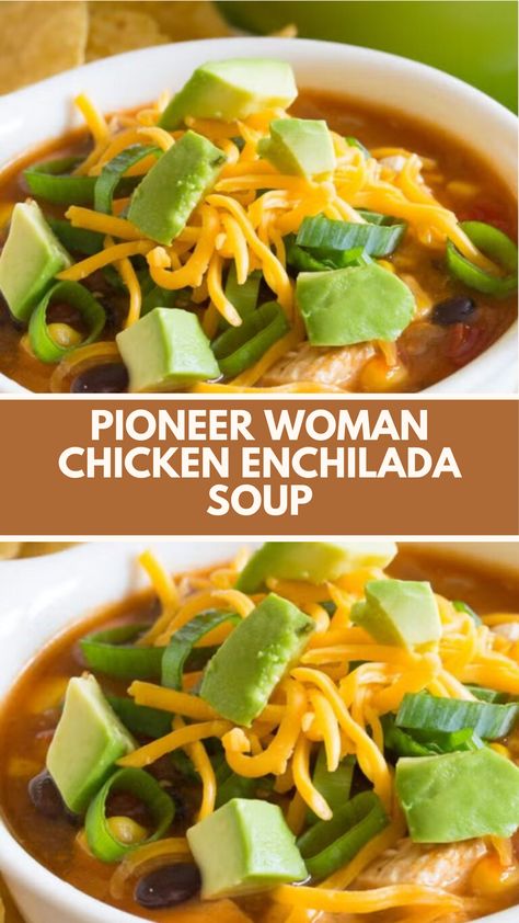 This delicious Pioneer Woman Chicken Enchilada Soup is a quick and easy meal perfect for busy nights. With its creamy texture and flavorful spices, you can customize it using common ingredients like beans and corn. Enjoy a comforting bowl topped with crispy tortilla chips for a satisfying dish that everyone will love! Pioneer Woman Chicken Enchilada Soup, Pioneer Woman Soup, Pioneer Woman Soups, Pioneer Kitchen, Pioneer Woman Chicken, Beans And Corn, Easy Enchiladas, Chicken Enchilada Soup, Fresh Tomato Salsa