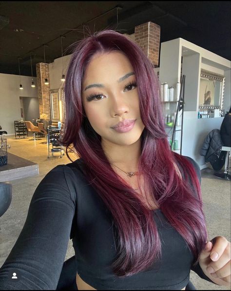 Wine Red Hair On Tan Skin, Burgundy Hair On Tan Skin, Red Hair For Curly Hair, Red Hair Color On Curly Hair, Violet Cherry Hair, Deep Red Black Hair, Burgundy Hair And Eyebrows, Raspberry Violet Hair, Burgundy Magenta Hair