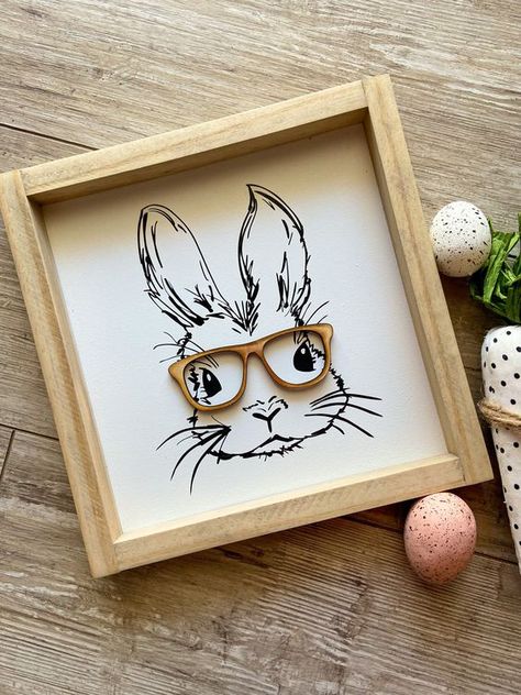 Bunny Sign | Easter Bunny Sign | Easter Wood Sign | Spring Decor | Spring Sign | He Is Risen Sign | Easter Decor | Easter Sign #easter #diy #crafts #eastercrafts #easterdecor Easter Wood Projects, Modern Easter Decor, He Is Risen Sign, Bunny With Glasses, Easter Wood Signs, Bunny Sign, Modern Easter, Easter Wall Decor, Easter Wood Crafts