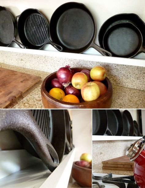 Cast Iron Skillet Storage Ideas. Looking for some easy diy ideas to get your collection out of the cabinets and into the kitchens? This is a budget friendly and easy decoration project you can do yourself. Put them on display in spaces big and small. Perfect for decorating a wall. Cast Iron Skillet Storage, Skillet Storage, Ikea Camping Hacks, Ikea Camping, Cooking With Cast Iron, Ikea Picture Ledge, Picture Ledge Shelf, Pan Storage, Ledge Shelf