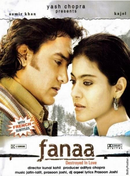 Fanaa (2006-05-26 Yashraj Films)  Tagline: "Destroyed in Love" • dir/prod Aditya Chopra; writer Chopra + Shibani Bathija; starring Aamir Khan & Kajol; budget $5.5M, rev $19M ( by 2012)    *wiki:  http://en.wikipedia.org/wiki/Fanaa_(film)  *imdb:  http://www.imdb.com/title/tt0439662 Fanaa Film, Aditya Chopra, Movies Worth Watching, Beautiful Film, Presentation Folder, Aamir Khan, Bollywood Dance, Bollywood Movie, Love Movie