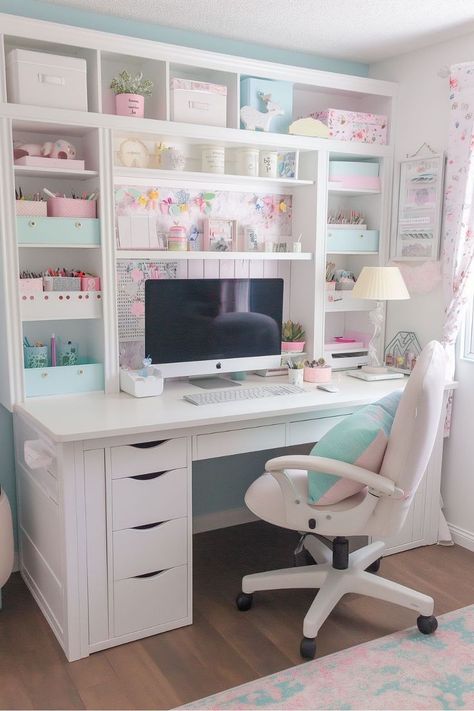 Back To School Desk Ideas, Craft Room In Bedroom, Closet To Craft Space, Desk And Shelf Ideas, Colorful Craft Room Ideas, Designer Bedrooms Ideas, Art Room In House, Arts And Craft Room Ideas, Office Craft Room Combo Small Spaces