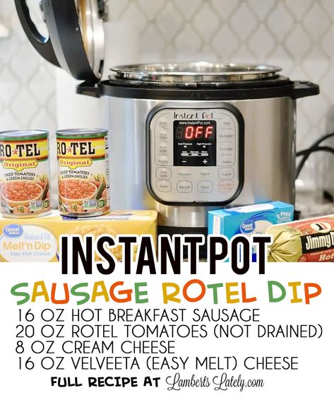 This recipe for Instant Pot Sausage Rotel Dip uses Velveeta, Rotel, cream cheese, and hot breakfast sausage to make an out-of-this-world tailgate appetizer that everyone will love! Can also sub ground beef or chicken for the meat. Sausage Rotel Dip, Rotel Sausage Dip, Queso Appetizers, Rotel Dip With Sausage, Velveeta Rotel, Velveeta Cheese Dip, Rotel Cheese Dip, Sausage Dip Recipe, Sausage Cheese Dip