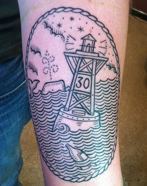 by Duke Riley Buoy Tattoo, Duke Riley, Hai Tattoo, River Tattoo, Lighthouse Tattoo, Ocean Tattoos, O Tattoo, Nautical Tattoo, East River