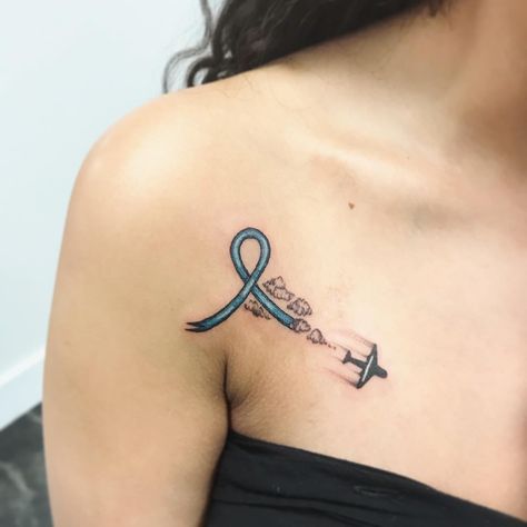 Teal ribbon tattoo.Airplane tattoo. Teal Ribbon Tattoo, Tattoo Airplane, Beachy Tattoos, Airplane Tattoo, Ribbon Tattoos, Teal Ribbon, Butterfly Tattoo, Teal Colors, Color Tattoo