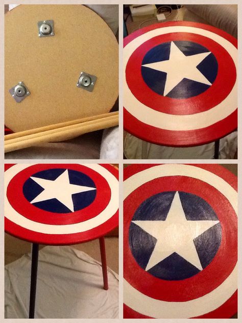 Marvel Room Makeover! Created a Captain America nightstand by painting a cheap round side table. Marvel Room Decor, Avengers Bedroom, Marvel Bedroom, Marvel Diy, Avengers Room, Marvel Room, Ideas Habitaciones, Superhero Bedroom, Superhero Room