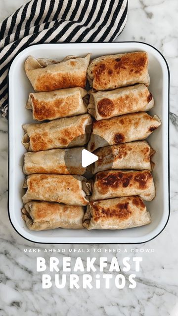 Jessica Garvin on Instagram: "Your new fave weekend breakfast!! These are the BEST BREAKFAST BURRITOS!! My most requested breakfast recipe by family & friends!!! 🖤🖤 YOU’RE GONNA LOVE ‘EM!  For approximately 12 Breakfast Burritos: 12 uncooked tortilla shells (cooked for 30-45 seconds on each side) A dozen scrambled eggs 2 lbs ground breakfast sausage (I used turkey sausage!) A bag of sharp cheddar cheese 1 bag tater tots (tater coins are best!) (I usually also add a diced sautéed onion)  Cook all of your breakfast burrito insides and combine together in a pan or large bowl, this ensures every bite is a good mixture of everything and that your cheese is nice and melty!  Fill burritos and roll them up, set aside in a pan. Turn your skillet on to medium high heat and add butter, then put all Breakfast Burrito Recipe Freezer, Authentic Breakfast Burritos, Pre Made Breakfast Burritos, Easy Breakfast Burritos For A Crowd, Mini Breakfast Burritos, Sheet Pan Breakfast Burritos, Breakfast Casserole Videos, Baked Breakfast Burritos, Breakfast Burritos Chorizo