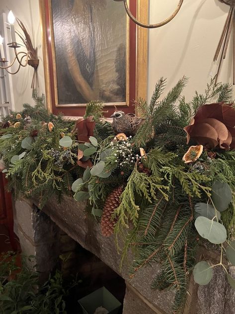 Botanical Christmas Decor, Garland On Mantle Christmas, Foraged Christmas Decorations, Greenery On Mantle, Garland On Mantle, Woodsy Christmas, Xmas Inspiration, Christmas Decor Idea, Dried Citrus