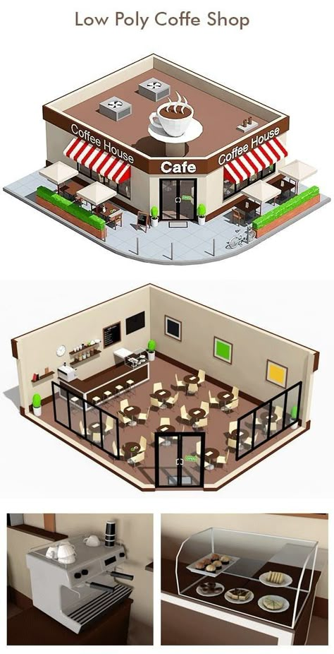 Cool Coffee Shop Exterior, Coffee Shops Exterior Design, Coffee Shop Model Architecture, Coffee Shop Building Design, Coffee Shop Architecture Design, 3d Shop Design, Cafe Architecture Exterior, Coffee Shop Cartoon, Architecture Coffee Shop