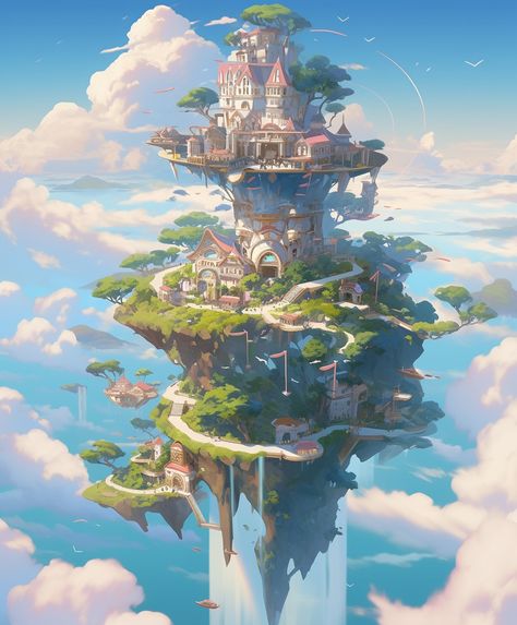 AI art Floating Island Concept Art, Island Concept Art, Flying City, Fairy Island, Sci Fi Landscape, Fantasy World Map, Floating Island, Floating City, Fantasy Heroes