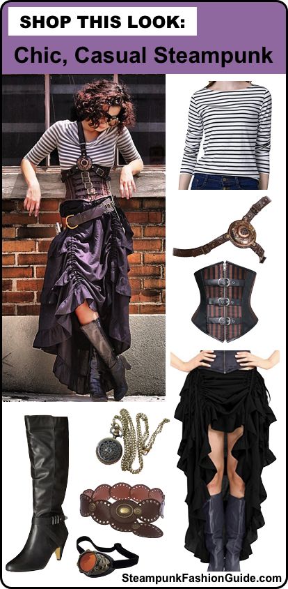 How to recreate this chic, casual Steampunk outfit. Includes product and store recommendations and tips on putting it all together. Recommendations for striped boatneck tops, harnesses, striped underbust corsets, high low hem skirts, pocket watches, black leather boots, belts and monocles. Perfect for a steampunk villainess costume. - For costume tutorials, clothing guide, fashion inspiration photo gallery, calendar of Steampunk events, & more, visit SteampunkFashionGuide.com Steampunk Costume Women, Everyday Steampunk, Steampunk Outfits, Casual Steampunk, Masquerade Outfit, Steampunk Halloween, Steampunk Women, Costume Tutorial, Clothing Guide