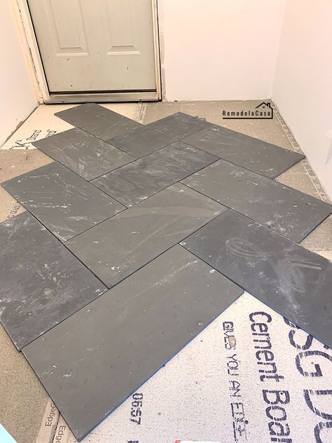 Dry lay out slate tile - mudroom Dining Room Tile Floor, Tudor Entryway, Blue Slate Floor, Grey Marble Bathroom Floor, Blue Slate Tile, Mudroom Build, Tile Mudroom, Slate Bathroom Floor, Herringbone Tile Floor