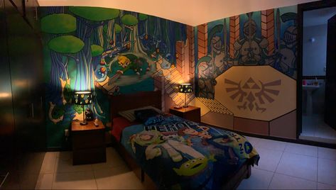 Mural Habitación Link Zelda Zelda Themed Bedroom, Zelda Room Ideas, Legend Of Zelda Room Ideas, Zelda Room Decor, Zelda Boys Bedroom, Legend Of Zelda Room, Legend Of Zelda Game Room, Zelda Furniture, Zelda Bedroom