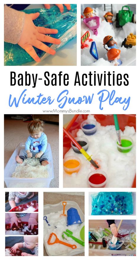 BIG LIST of baby-safe winter activities! Includes sensory ideas, baby art and ways to play with the snow indoors with babies. Fun ideas for babies 6 to 18 months old! Kids will love! #babyactivity #winterart #kidactivities Arts And Crafts For 6 Month Old, Snow Activities For Babies, Art For 18month Olds, Winter Activities For Babies, Winter Sensory Bin, Crafts By Month, Activities For Babies, Snow Play, Sensory Ideas