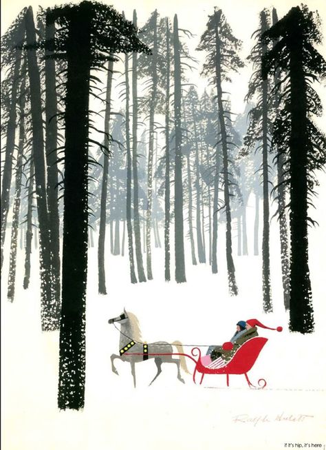 Ralph Hulett, Christmas Card Illustration, Mid Century Holiday, Winter Illustration, Christmas Card Art, Sleigh Ride, Christmas Past, Winter Art, Noel Christmas