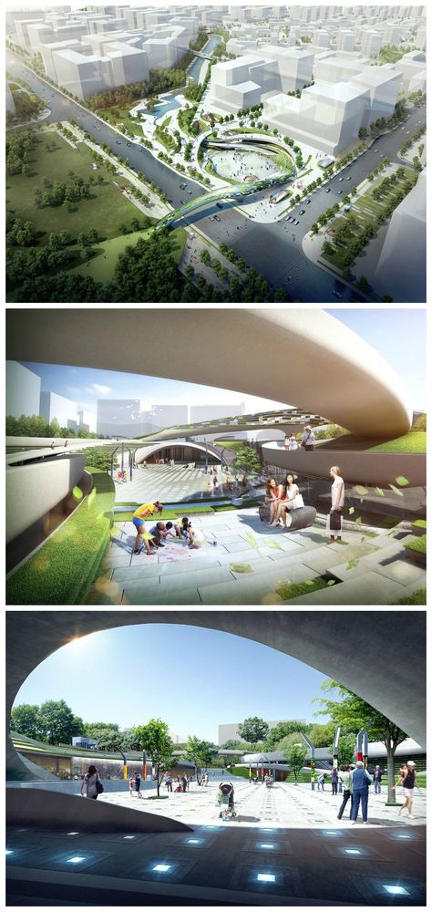 Located in the intersection of the pedestrian axis of Festival Street within the heart of Magok city in Seoul, the competition winning proposal by Wooridongin Architects for the Magok Central Plaza weaves itself into the surrounding city. Urban Plaza Design Concept, Public Plaza Design Architecture, Central Plaza Design, Central Plaza Landscape Architecture, Outdoor Plaza Public Spaces, Science And Technology Park Architecture, Urban Ideas, Central Plaza, Ny Hotel