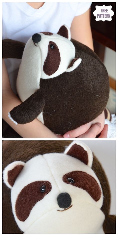 DIY Toy Raccoon Softies Free Sewing Patterns & Tutorials Raccoon Sewing Pattern Free, Raccoon Sewing Pattern, Free Printable Stuffed Animal Sewing Patterns, Stuffed Animal Free Pattern, Sewing Patterns Free Plushies, Animal Pillows Diy, Pillow People, Sock Animals Diy, Plush Making