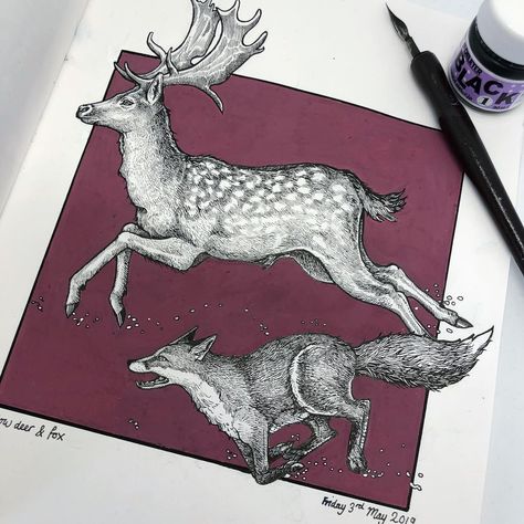 Philip Harris on Instagram: “Another nature inspired drawing in the sketchbook of a chase we spotted between a fallow deer and fox 🦌 #illustration #illustrator #drawing…” Deer Antler Tattoo, Antler Tattoo, Deer Drawing, Illustrator Drawing, Deer Tattoo, Fallow Deer, The Sketchbook, Cosplay Armor, Fox Illustration