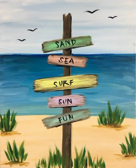 Beach Canvas Paintings, Beach Mural, A Beach Scene, Paint Night Ideas, Beach Art Painting, Beach Sign, Paint Nite, Summer Painting, Canvas Painting Diy