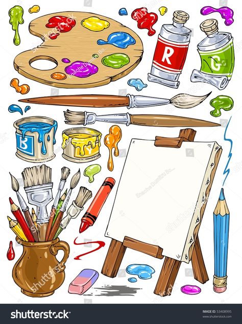 Art Supplies Clipart, Painting Tools Drawing, Art Tools Drawing Sketch, Art Supply Drawing, Art Supplies Illustration, Art Materials Illustration, Art Tools Illustration, Drawing Painting Ideas, Painting Cartoon