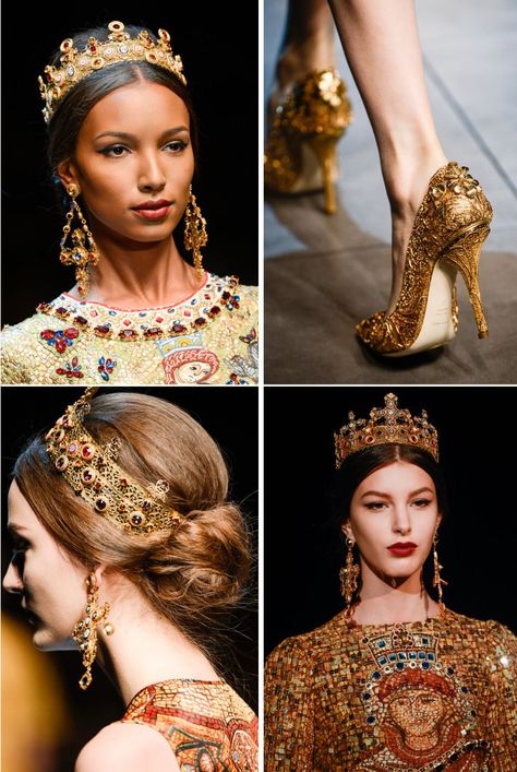 Here Comes the Queen Dolce And Gabbana Crown, Dolce And Gabbana Dresses, Dolce And Gabbana Aesthetic, Gold Hairstyles, Byzantine Fashion, Dolce And Gabbana Runway, Purple Wedding Dress, Jewelry Ruby, Medieval Dress