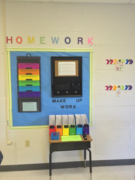 My class homework station for high school. Each class is assigned a color and uses that color to turn in/pick up assignments. Classroom Organization High School, Trendy Classroom, Classroom Decor High School, Homework Station, High School Spanish, Classroom Decor Themes, High School Classroom, Crafts Videos, Education Motivation