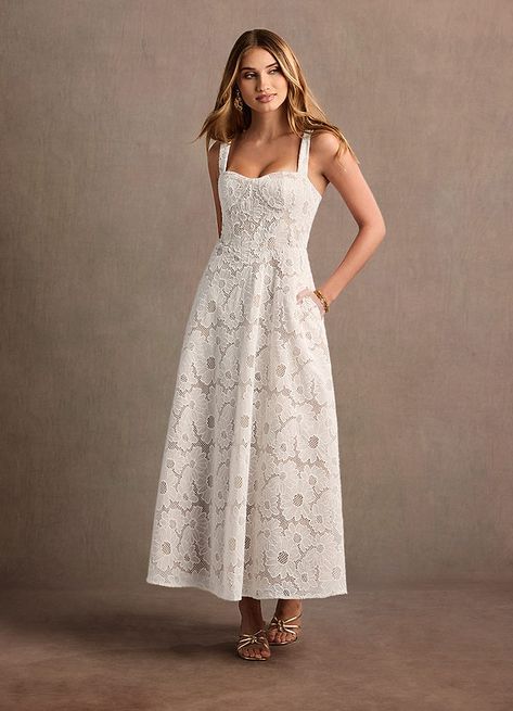 Non Traditional Wedding Dress Midi, Garden Party Wedding Dress, Eyelet Wedding Dress, White Formal Dresses, White Midi Dresses, White Lace Dress Boho, Grandma Dress, Midi Formal Dress, White Rehearsal Dinner Dress