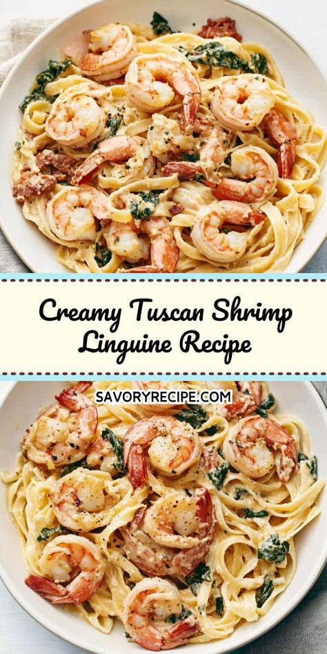 Looking for a delicious way to elevate your seafood dinner? This Creamy Tuscan Shrimp Linguine is a perfect blend of rich flavors and fresh ingredients. Save this recipe for a delightful weeknight meal that will impress your family and friends! Perfect for your next seafood dinner idea! Linguine Recipes Easy, Dish With Shrimp, Creamy Tuscan Shrimp, Shrimp Linguine Recipe, Tuscan Shrimp, Seafood Linguine, Shrimp Linguine, Linguine Recipes, Savory Recipe