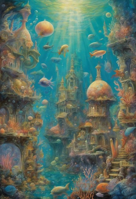 Mythical Aquatic City Check more: https://paintlyx.com/mythical-aquatic-city/ Mermaid City, Earth Layers, Underwater City, Leagues Under The Sea, Ocean Vibes, World Of Fantasy, Fantasy City, City Art, Fantasy World