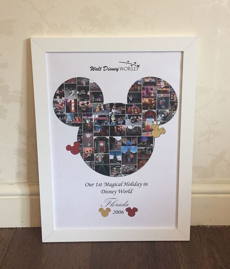 Disney Mickey Mouse photo collage Disney World Keepsake Ideas, Disney Keepsake Ideas, Mickey Mouse Collage, Disney Photo Frame, Diy Disney Crafts, Disney Shadow Box, Disney Decor Bedroom, Disney Gift Ideas, Disney Photo Frames