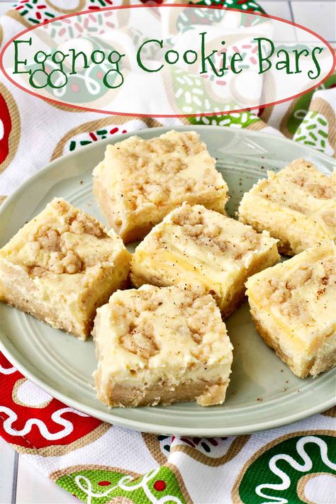 Eggnog Cookie Bars Eggnog Cheesecake Bites, Egg Nog Cheesecake Bars, Eggnog Cheesecake Bars, Eggnog Baked Goods, Eggnog Cookies Christmas, Eggnog Thumbprint Cookies, Eggnog Shortbread Cookies, Eggnog Baking Recipes, Eggnog Sugar Cookies