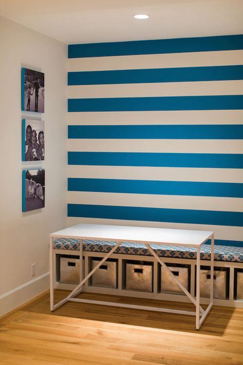 Horizontal Stripes On Wall, Striped Walls Horizontal, Blue Striped Walls, Kids Hangout Room, Striped Hallway, Twin Beds For Boys, Boys Room Blue, Homework Room, Window Seat Storage