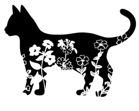 Cat Clip Art, Black And White Graphic, Floral Svg, Projets Cricut, Cat Svg, Dog Coloring Page, Image Svg, Floral Cat, Cat Silhouette