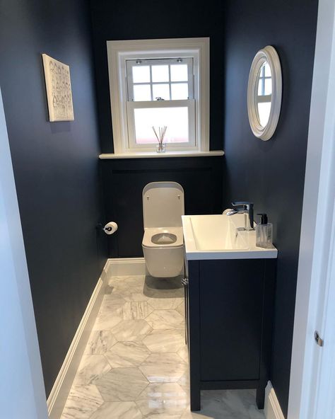 @our.renovation.project on Instagram: “Our navy downstairs bathroom, still one of my favourite rooms in the house. #homestyle #myhomestyle #essex #homerenovation #houserenovation…” Downstairs Bathroom Ideas, Downstairs Toilet Ideas, Small Dark Bathroom, Dark Blue Bathroom, Dark Blue Bathrooms, Small Downstairs Toilet, Cloakroom Toilet, Navy Blue Bathrooms, Toilet Ideas