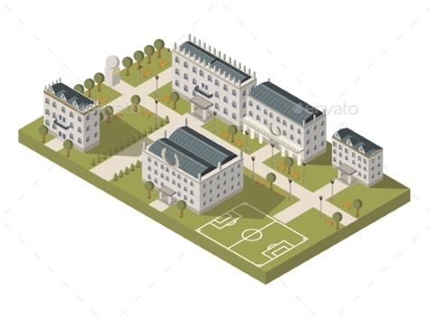 Isometric university campus concept with university sports ground and park vector illustration. Editable EPS and Render in JPG for Reference Places, Campus Map, Photographer Business Cards, City Vector, Isometric Art, Isometric Design, Isometric Illustration, School Building, University Campus