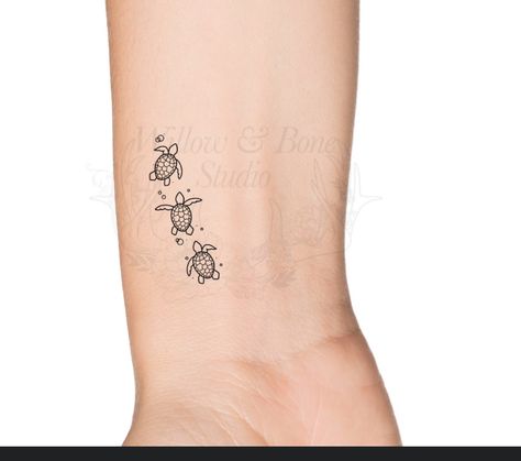 Turtle Design Tattoo, Zante Tatoos, Sea Turtle Tattoo Simple Line, Three Sea Turtle Tattoo, Sister Turtle Tattoos, Womens Turtle Tattoos, Small Sea Turtle Tattoo Ideas, 4 Sea Turtle Tattoo, Disney Turtle Tattoo