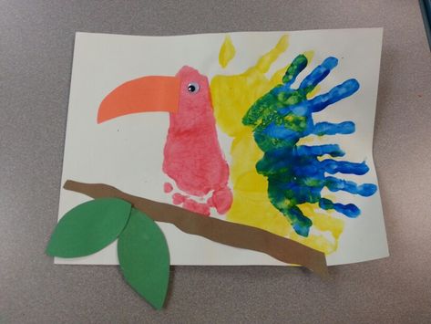 Preschool jungle week handprint and footprint bird. Jungle Theme Crafts, Jungle Animal Crafts, Rainforest Crafts, Preschool Jungle, Jungle Activities, Rainforest Activities, Jungle Crafts, Jungle Animal Art, Zoo Crafts