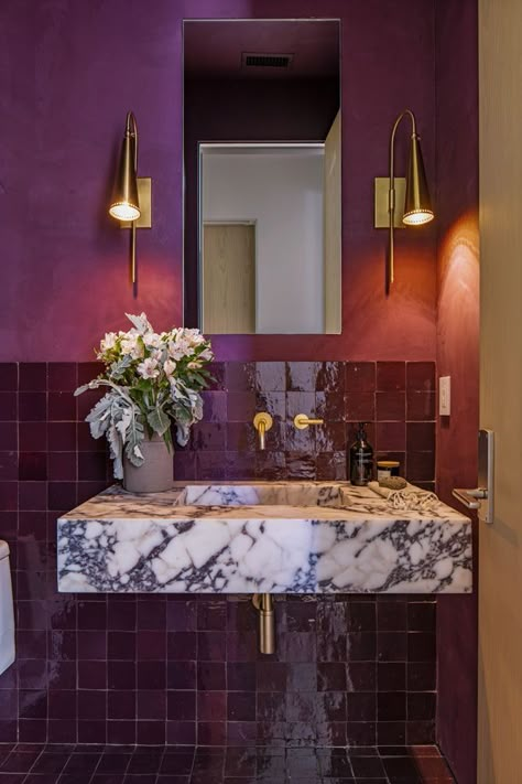 Purple Bathrooms, Gold Fixtures, Room Goals, Bathroom Renos, Powder Rooms, Decoration Inspiration, Bathroom Inspo, Dream House Decor, Home Bathroom