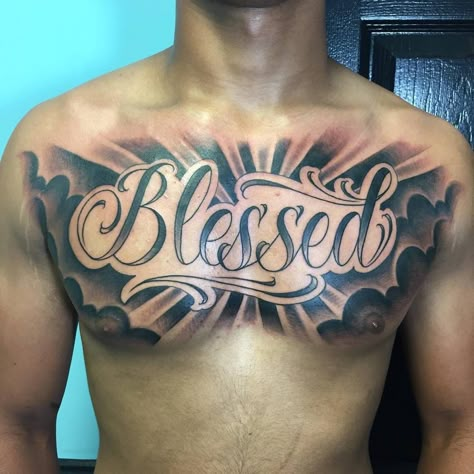 Chest Tattoo Writing, Chest Tattoo Lettering, Tattoo Writing Styles, Blessed Tattoos, Magic Tattoo Ideas, Tattoos Dainty, Tattoo Writing, Tattoos Cross, Phönix Tattoo