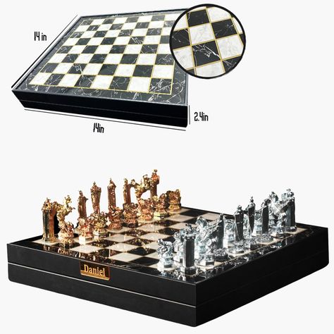 Wizard Metal Chess Set contains elegant and unique details: This chess set is produced from harmless metal containing zinc and aluminum. It is shipped with a chessboard in a special box. Our stones are carefully coated with antique workmanship Wizard Chess Set, Wizard Chess, Metal Chess Set, Amazon Store, Chess Set, Marble Pattern, Chess Board, Chess, Cool Things